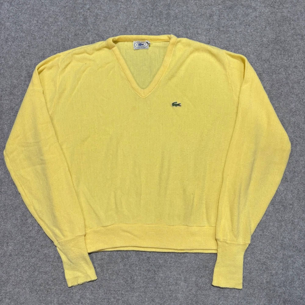 Vintage Izod Lacoste V-Neck Sweater Yellow Orlon Acrylic XL Crocodile Logo